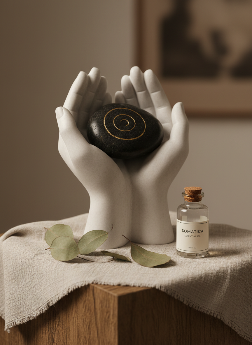 A close-up of a pair of hands sculpted from smooth, pale stone, gently cupping a polished, dark river rock etched with a fine, golden spiral pattern, placed on a low pedestal draped in raw, undyed linen. Surrounding the sculpture are a few scattered dried eucalyptus leaves and a small, open glass bottle of essential oil with a minimalist label. The scene is lit with soft studio lighting from one side, creating delicate shadows that accentuate curves, edges, and textures, while leaving the background in an elegant, soft blur. The mood is contemplative and somatic, suggesting inner holding and embodied support without depicting real people. Photographic realism with a shallow depth of field and refined, gallery-like composition suitable for a sophisticated somatic healing brand.