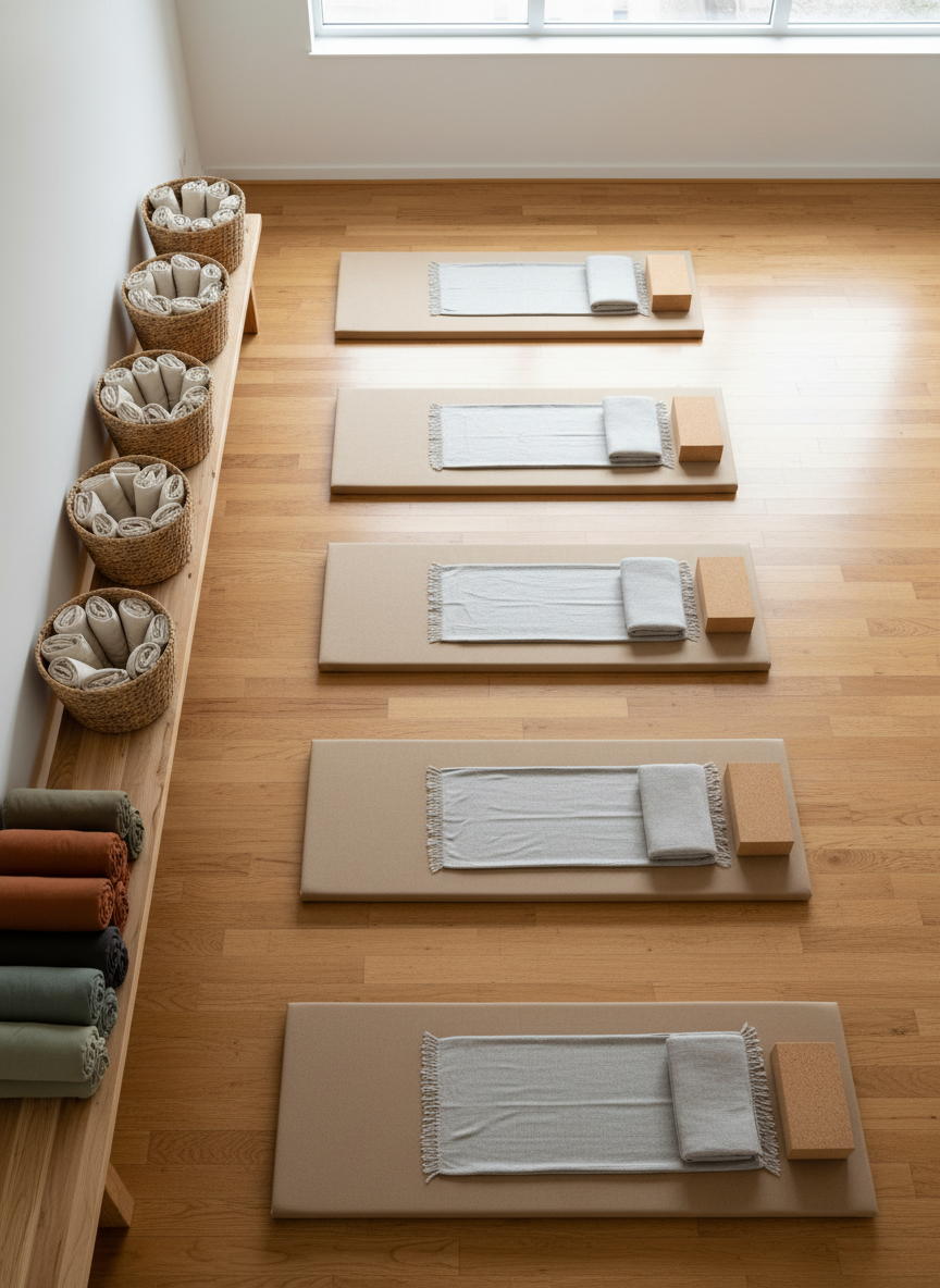 An overhead view of a spacious studio prepared for a somatic movement workshop, with a small number of thick, sand-colored mats laid out on a honey-toned wooden floor, each mat topped with a neatly folded soft gray blanket and a cork yoga block. Along one wall sits a low, continuous bench holding woven baskets filled with rolled linen eye pillows and neatly stacked bolsters in muted earth tones. Soft, indirect daylight enters through high clerestory windows, creating an even, diffused glow and subtle reflections on the floor. The atmosphere is open, grounding, and refined. Photographic realism, bird’s-eye composition emphasizing order and invitation, with sharp focus throughout to highlight natural textures and an understated, sophisticated aesthetic.