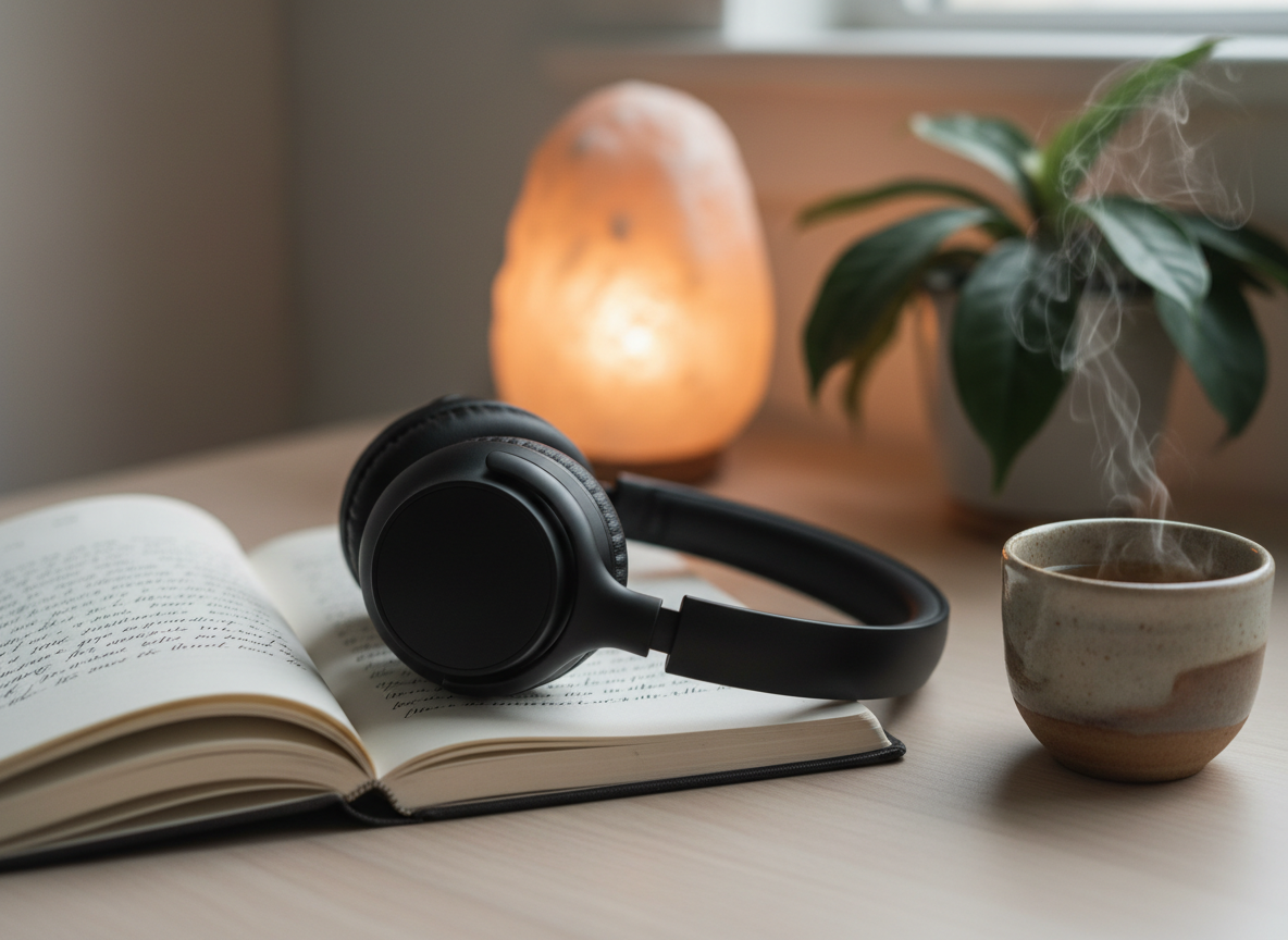 A close-up of a pair of sculptural, matte-black over-ear headphones resting on an open linen-textured journal, its cream pages partially filled with faint, delicate handwriting. Both sit on a pale wooden table beside a small ceramic cup of herbal tea, wisps of steam barely visible. In the background, out of focus, is a softly glowing salt lamp and a potted plant with broad, deep-green leaves. Gentle, overcast window light bathes the scene, creating soft highlights on the headphone edges and velvety shadows in the journal’s spine. The mood is introspective and grounding, perfect for guided somatic meditations. Photographic realism, shot from a slightly elevated angle with shallow depth of field, capturing tactile textures and a quietly luxurious, sophisticated aesthetic.