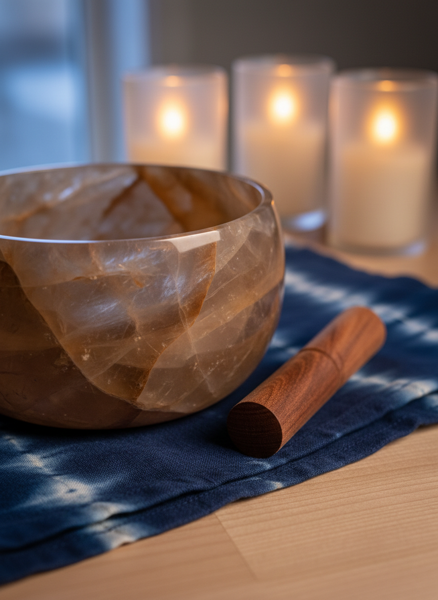 A polished stone singing bowl in warm, smoky quartz tones resting on a folded, hand-dyed indigo cloth atop a smooth, pale wood surface. A slender wooden mallet with a suede-wrapped tip lies diagonally beside it, its grain and texture clearly visible. In the softly blurred background, several tall pillar candles in frosted glass holders emit a gentle, warm glow, their light reflecting subtly in the sheen of the stone. The scene is lit primarily by candlelight, with a faint trace of twilight blue from a nearby window, creating a sophisticated interplay of warm and cool tones. Photographic realism, close-up composition with shallow depth of field, the focus on the bowl’s rim and surface details, conveying a sense of resonance, groundedness, and somatic presence.