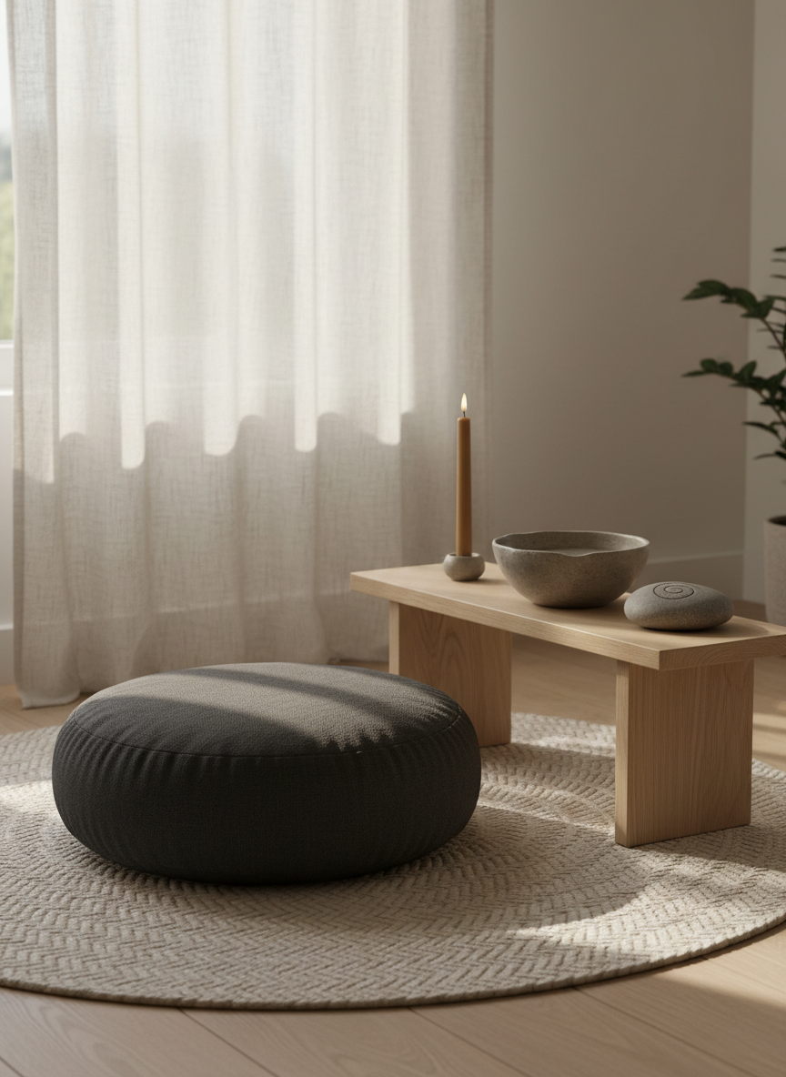 A meticulously arranged meditation altar featuring a smooth, dark charcoal cushion centered on a handwoven natural-fiber rug, beside a low, pale oak bench holding a single unlit beeswax candle, a small clay bowl of water, and a river stone engraved with a subtle spiral. The scene is set near a large window framed by sheer linen curtains, with soft morning light diffused across the space, creating gentle gradients on the walls and floor. The atmosphere feels serene, contemplative, and sophisticated. Photographic realism, shot at eye level with a slight angle, using shallow depth of field so the primary objects are crisp while the background fades into a soft, elegant blur, evoking embodied stillness and spaciousness.